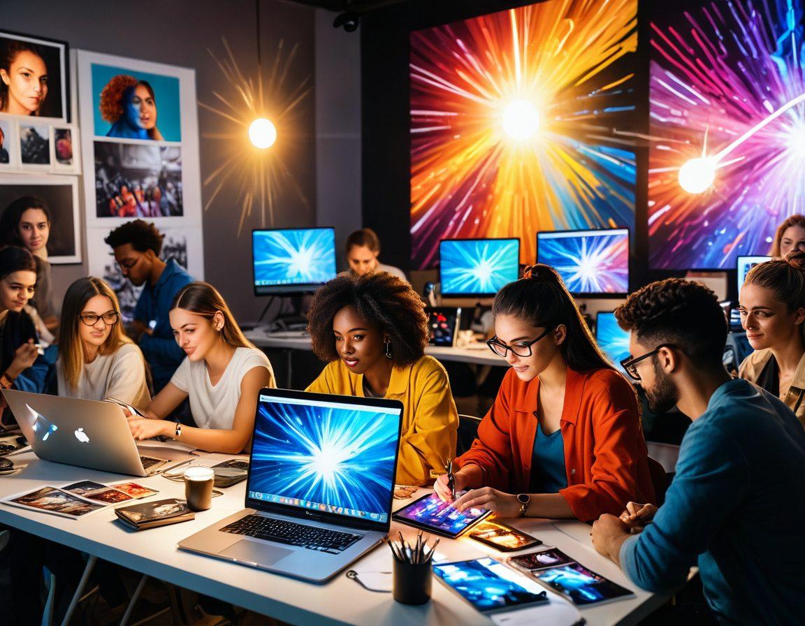 A vibrant collage depicting a diverse group of people passionately creating various forms of user-generated content like paintings, videos, and digital art. Incorporate a glowing online platform in the background showcasing their works, with symbols of creativity like brushes, cameras, and laptops intertwined. The scene radiates energy and collaboration, with colorful rays emanating from their creations, inspiring others to engage. super-realistic. vibrant colors. dynamic composition.