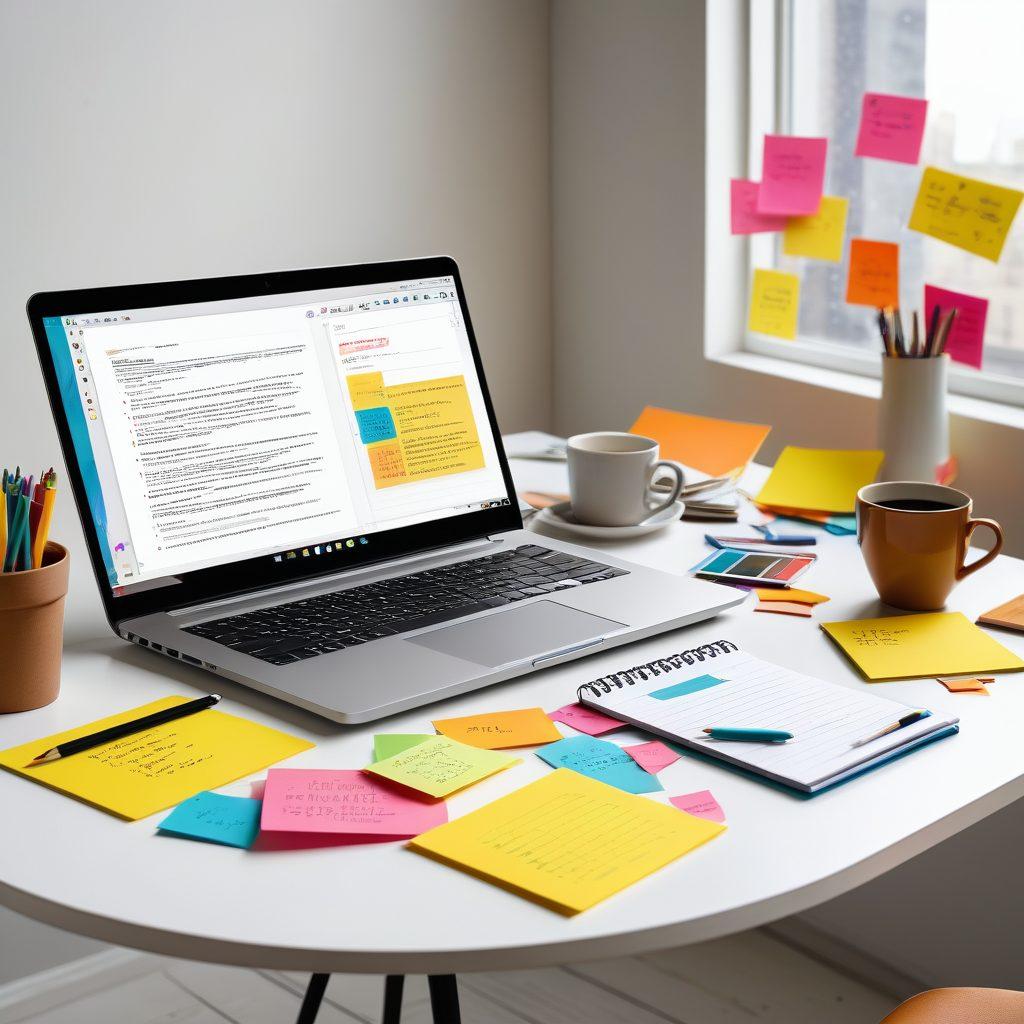 A visually engaging workspace scene displaying a laptop with vibrant user feedback icons emerging from the screen, along with a notepad filled with creative keywords and colorful sticky notes scattered around. Include a person brainstorming with a coffee cup, surrounded by design elements depicting online submissions and transformation of ideas. Bright and inviting atmosphere. super-realistic. vibrant colors. white background.